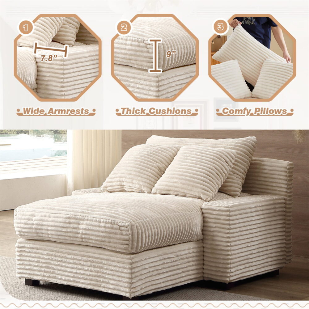 Aukfa 49" Chaise Lounge Oversized Corduroy Sofa Plush Chair Bed w/ 3 Pillows for Living Room, Beige - Image 2