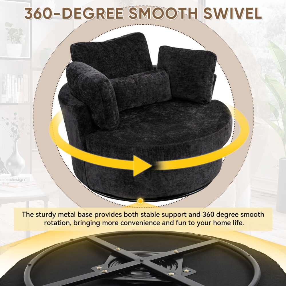 Dinosisco Oversized Swivel Accent Barrel Chair with Storage Ottoman, Chenille, Indoor, Black - Image 3