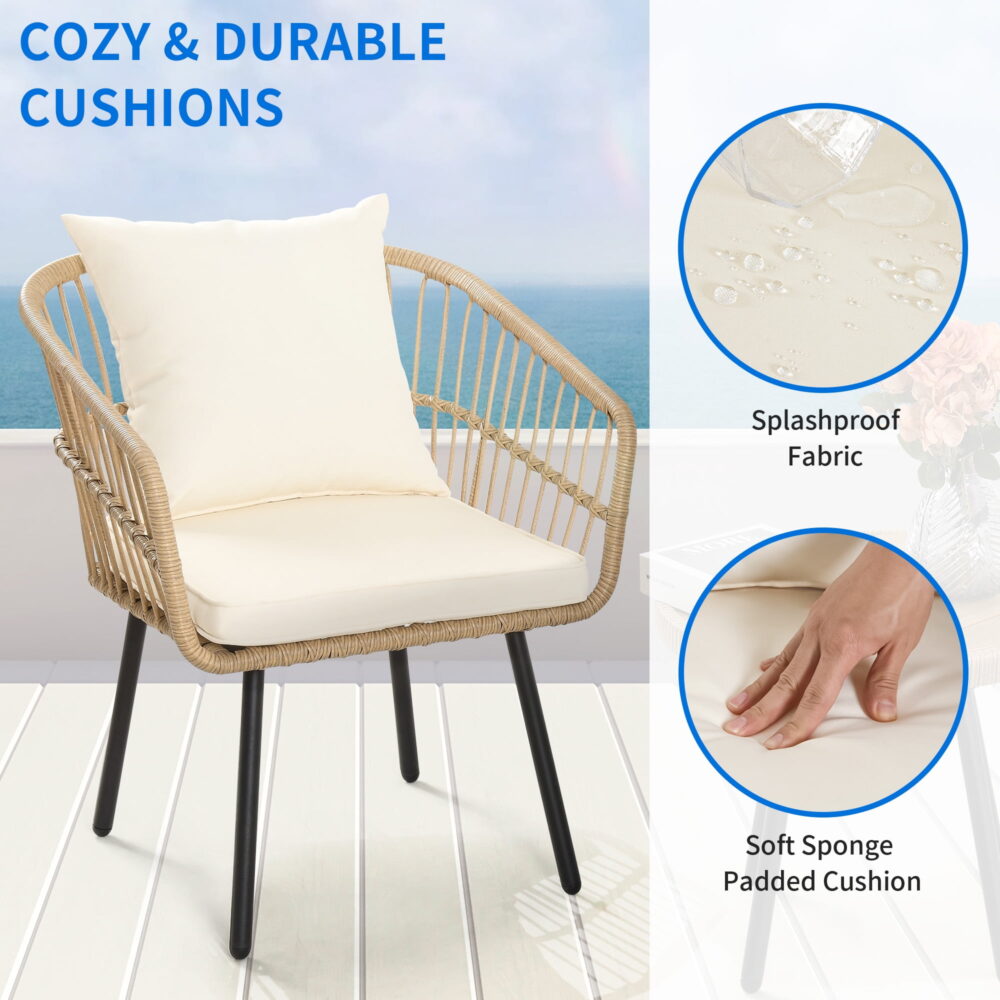Dextrus 3 Piece Outdoor Wicker Furniture Patio Bistro Set, PE Rattan Wicker Chairs Set with Table and Cushions, Porch Balcony Furniture Set for Porch Backyard Pool, Beige - Image 5