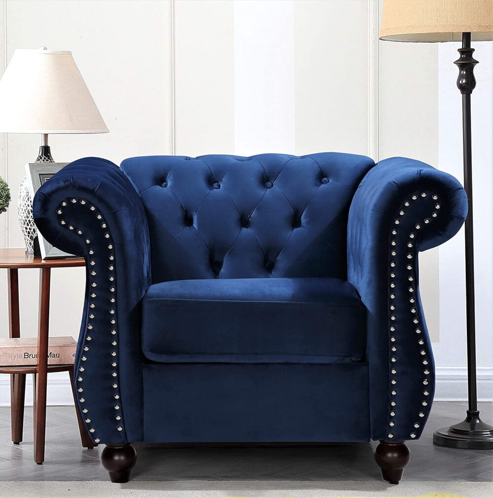 US Pride Furniture Chester 40.55 in. Wide Rolled Arm Velvet Modern Straight living Room Chair, Dark Blue - Image 2