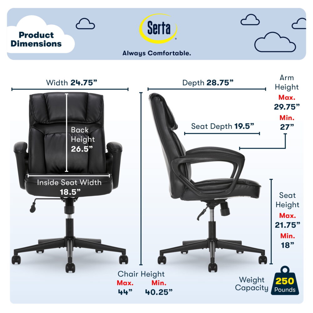 Serta Hannah Bonded Leather High Back Executive Chair with Arms - Black - Image 3
