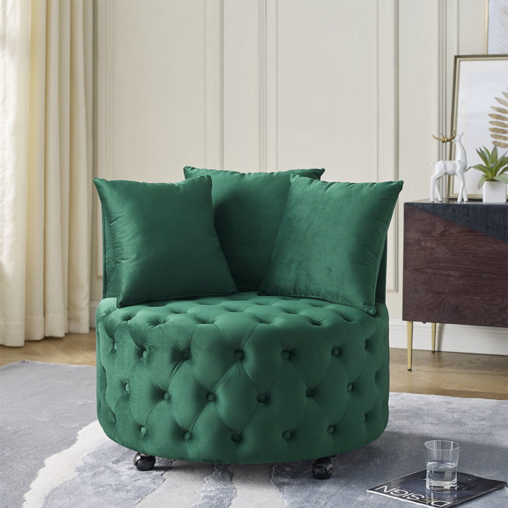 DEALTOPS Velvet Upholstered Swivel Chair for Living Room, with Button Tufted Design and Movable Wheels, Including 3 Pillows-Green - Image 3