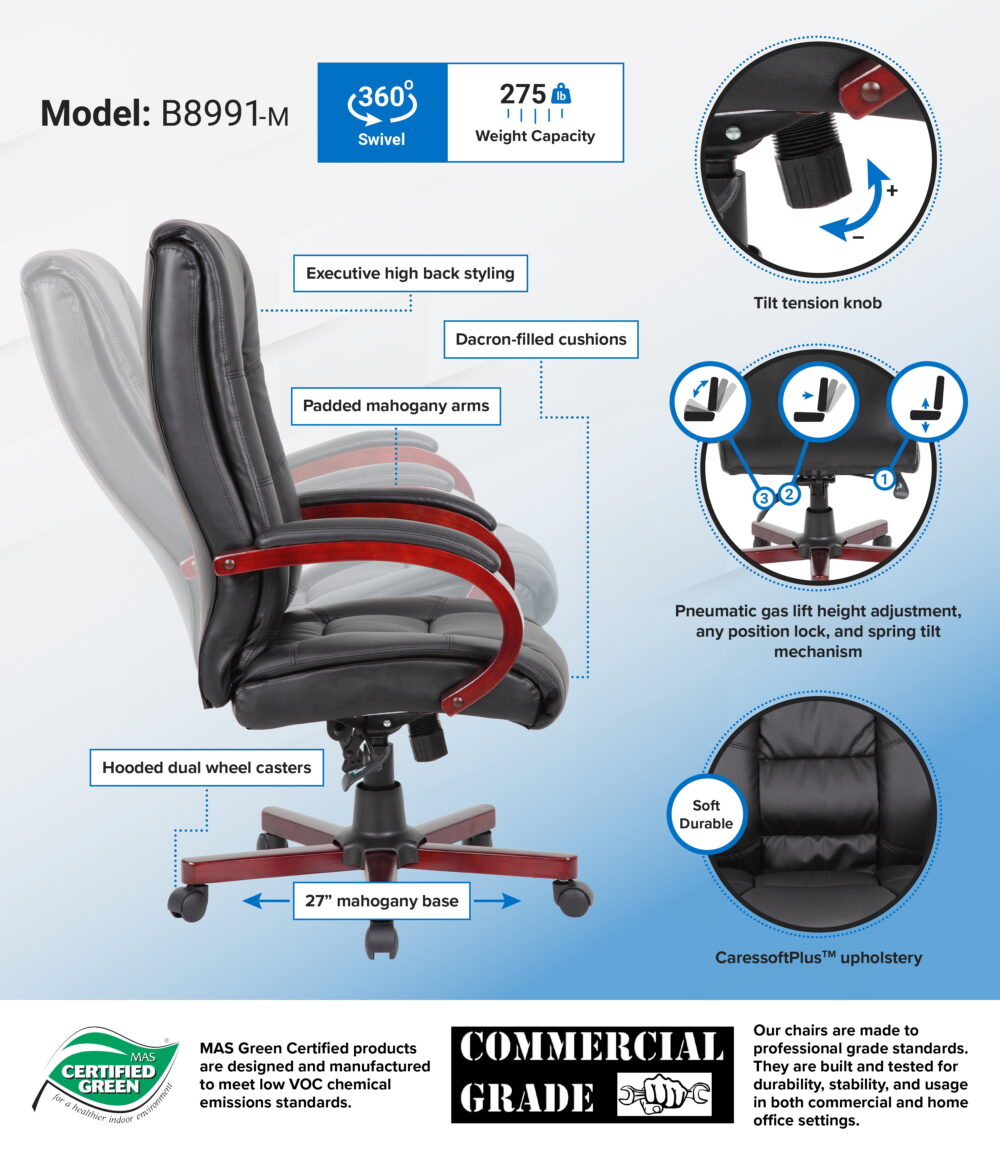 Office Products High Back Executive Wood Finished Chair with Casters, Mahogany - Image 2