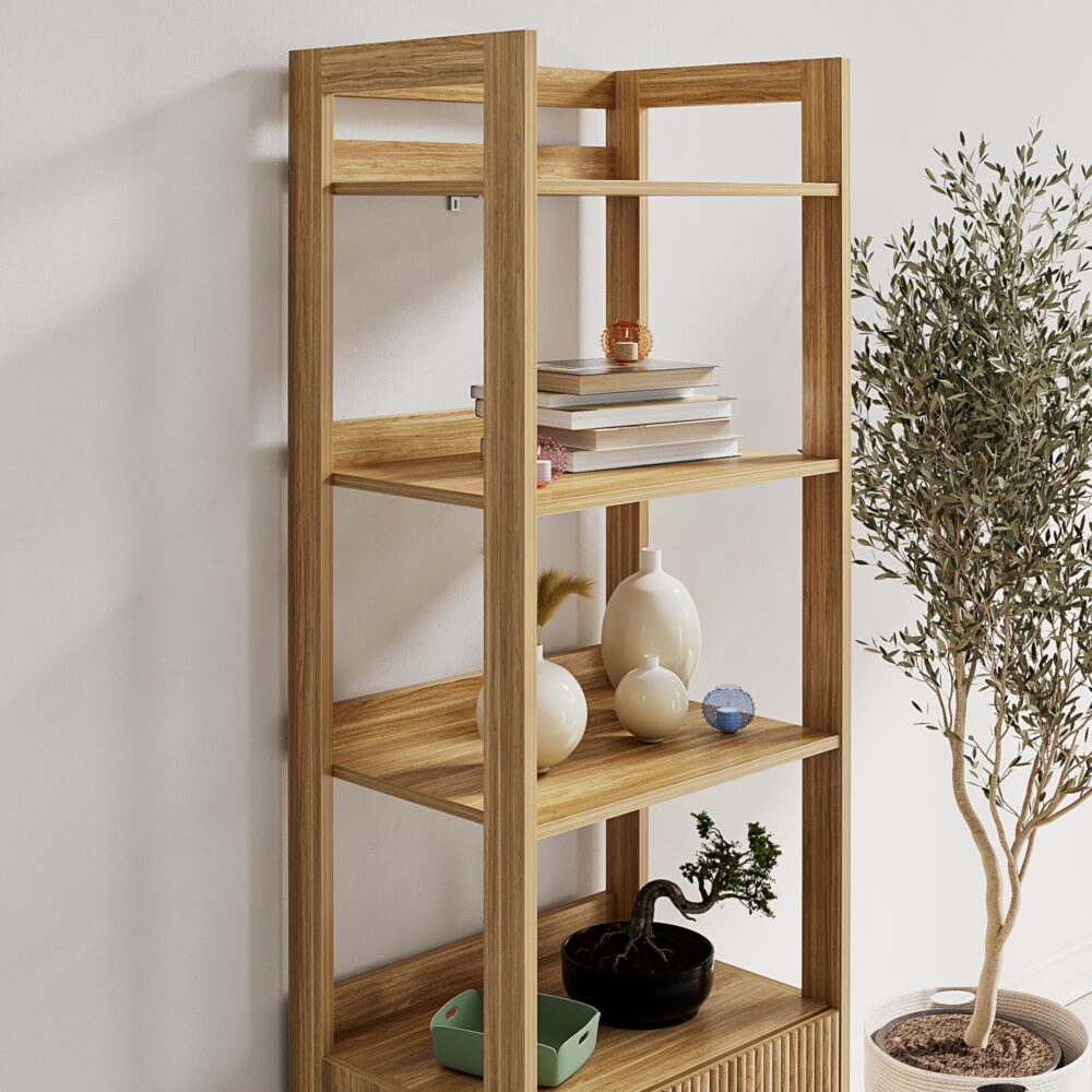 Mainstays 4-Shelf Reeded Bookcase with Drawer, Natural Teak - Image 7