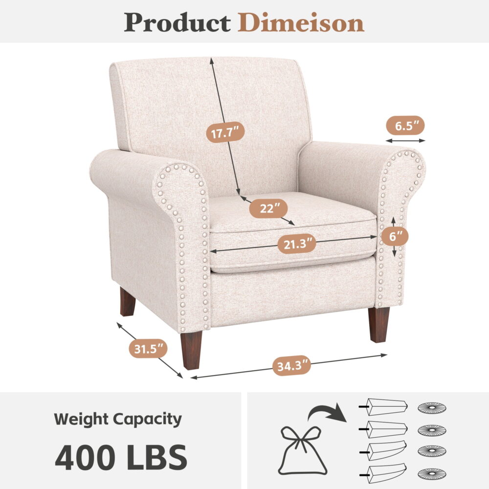 TrumanPick Linen Accent Chairs Upholstered Armchair with Nail-Head Trim Cozy Arm Chair for Living Room Bedroom,Beige - Image 6