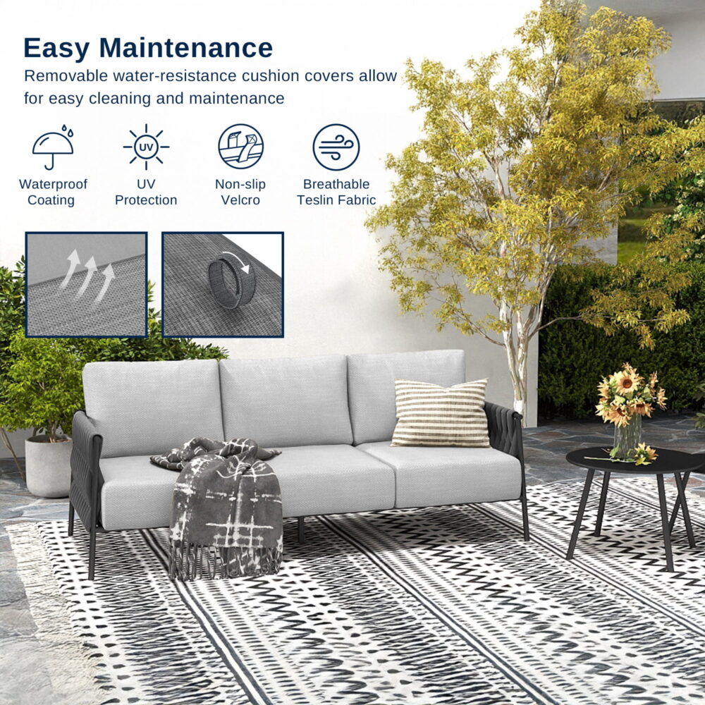 EAST OAK 3 Seats Outdoor Conversation Set Patio Furniture with Waterproof Thick Cushions Black & Grey - Image 3