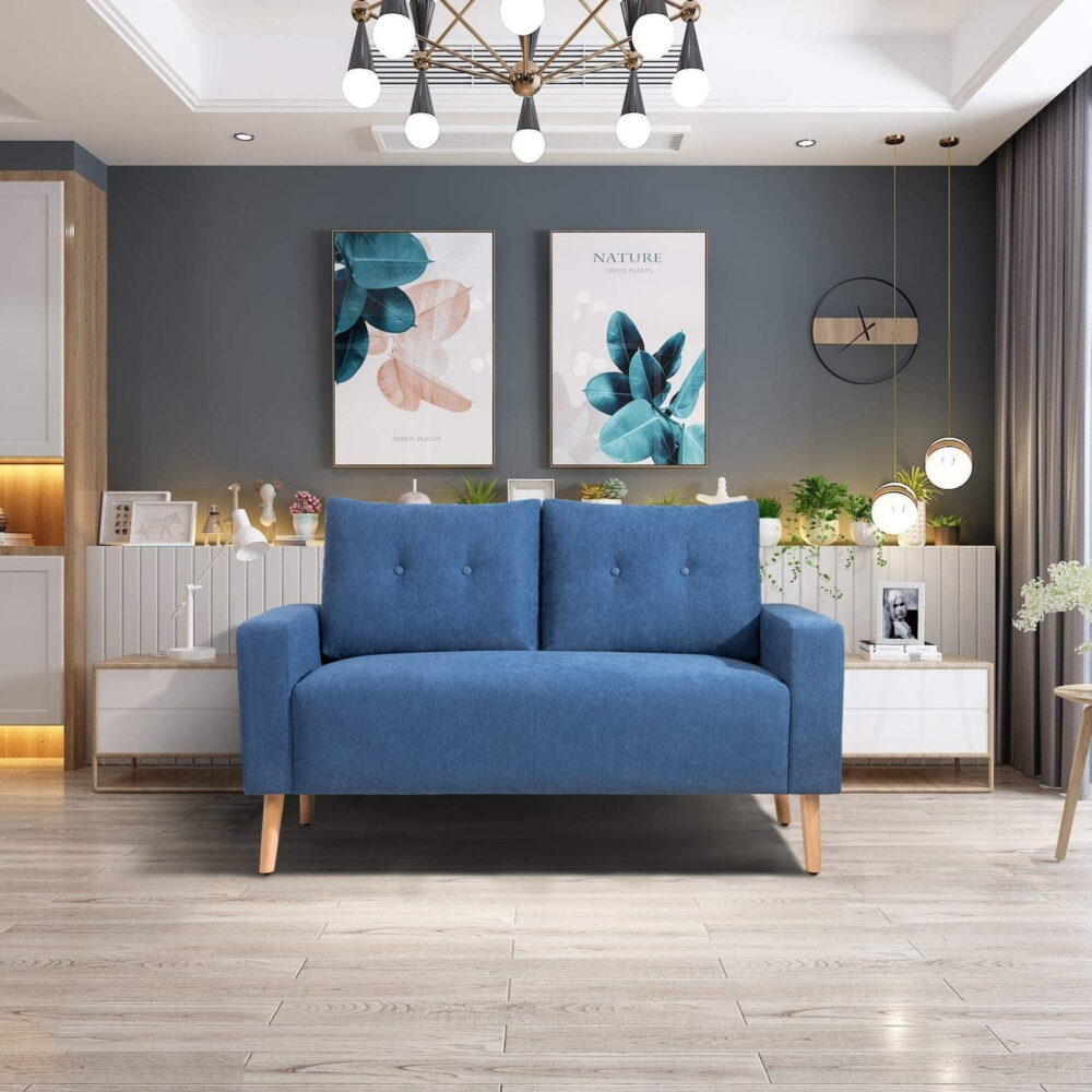 Vineego Small Modern Loveseat Couch Sofa, Fabric Upholstered 2-Seat Sofa, Love Seat Furniture,Blue - Image 2