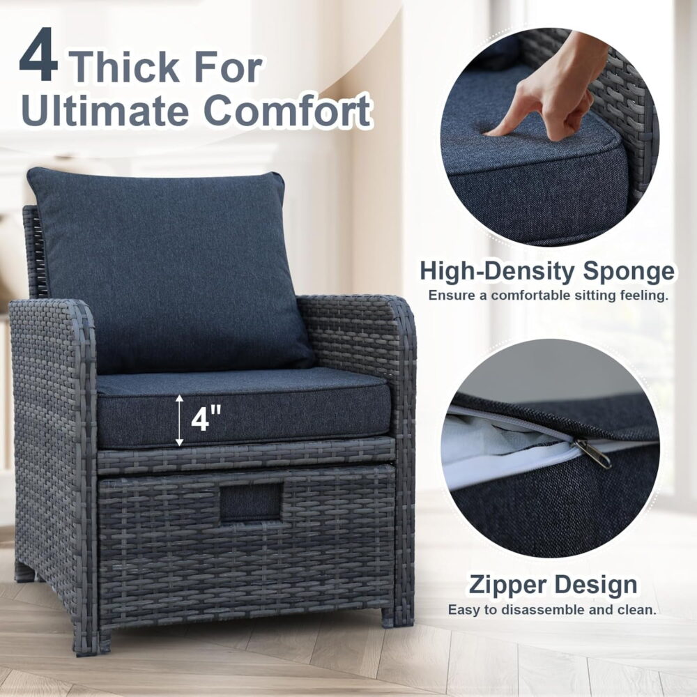 AENKYO Patio Furniture Set Rattan Patio Chair Set with Ottoman, Pillows Included, Perfect for Balcony, Small Space, Porch, 5 Pieces - Image 4