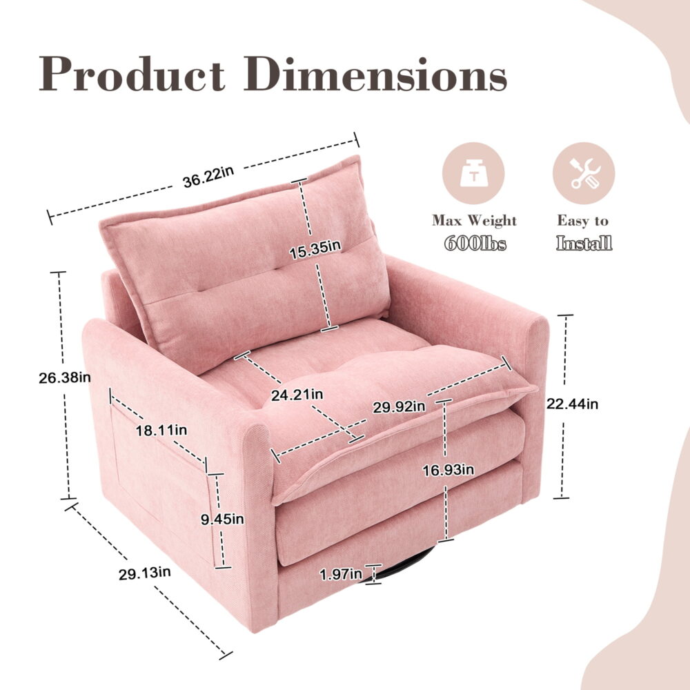 MOONMISS Chenille Upholstered 360°Degree Swivel Mid Century Modern Arm Chair for Living Room-Pink - Image 6
