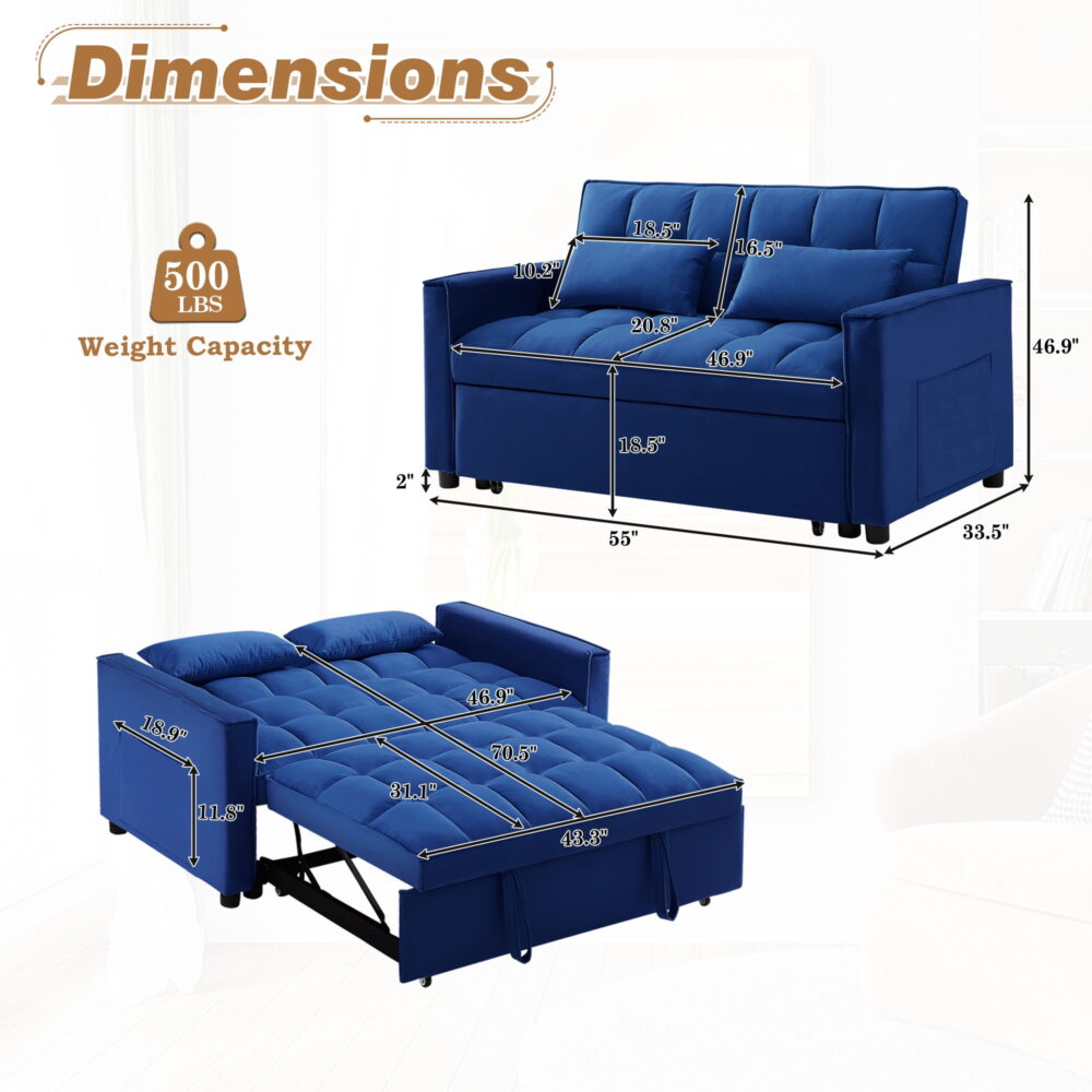 Dinosisco 3 in 1 Convertible Pull Out Sofa Bed, 55" Velvet Sleeper Loveseat, Cobalt Blue - Image 4