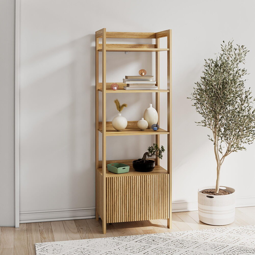Mainstays 4-Shelf Reeded Bookcase with Drawer, Natural Teak - Image 5