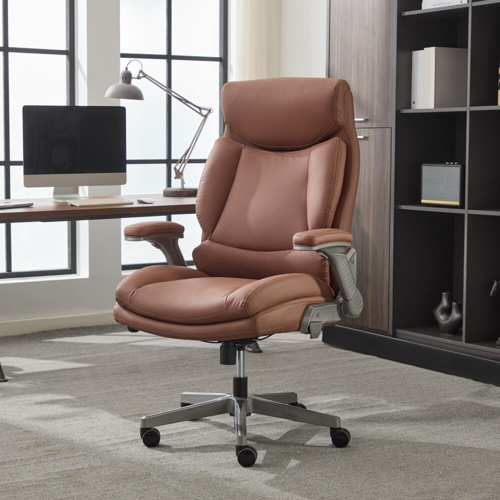 Shaq Tarvos Premium Ergonomic Big & Tall Office Chair, PureSoft Upholstery with Height Adjustable and Flip-Up Arms, Cognac Brown - Image 3