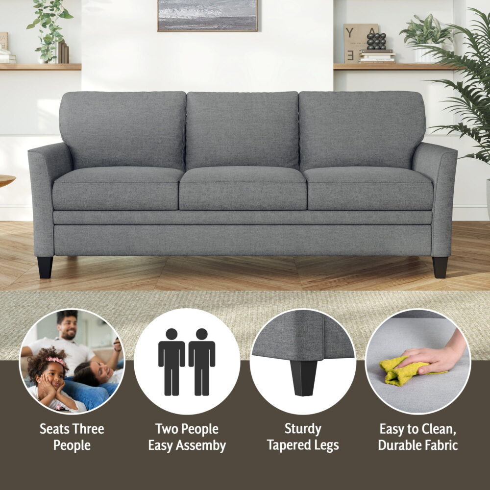 Mainstays Kensington 80" 3 Seat Classic Modern Couch, Gray - Image 3