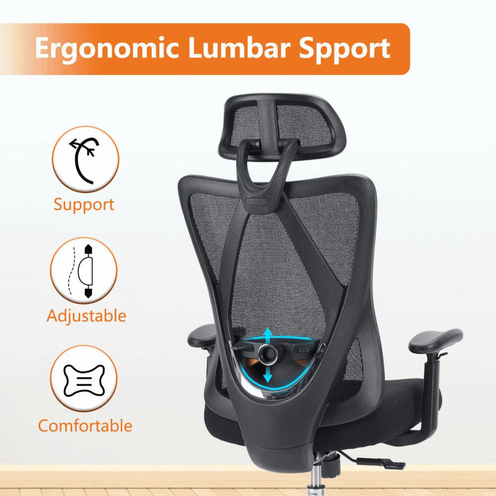 GIANNA Ergonomic Office Chair with Adjustable Headrest, 360° Swivel with 2D Armrest and 135° Tilt, Wide Cushion, Black - Image 6