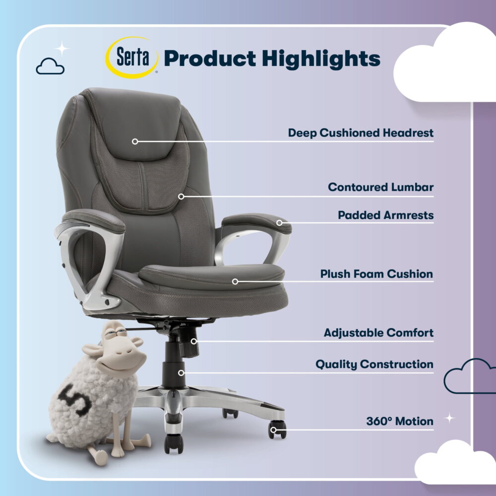 Serta Amplify Executive Office Chair with Faux Leather and Mesh, Light Gray - Image 4