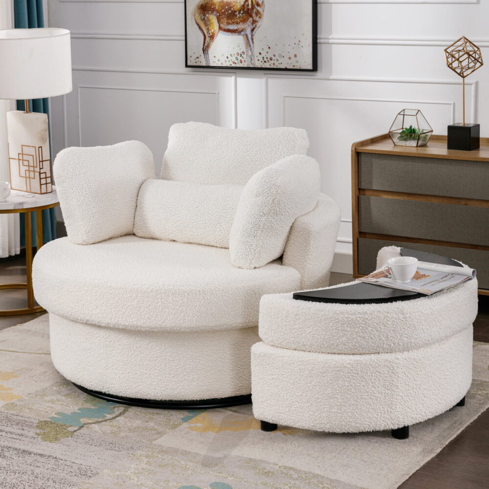 Dinosisco Oversized Swivel Accent Barrel Chair with Storage Ottoman, White Teddy - Image 3