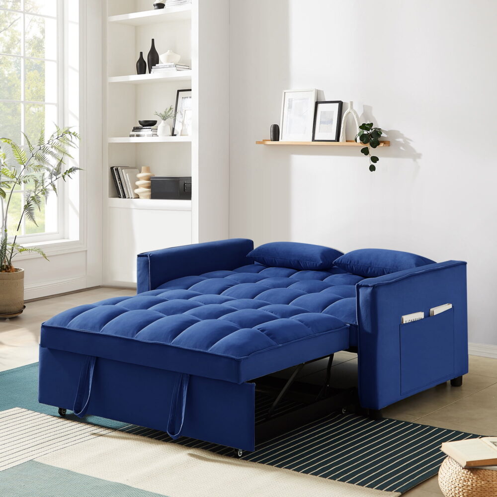 Dinosisco 3 in 1 Convertible Pull Out Sofa Bed, 55" Velvet Sleeper Loveseat, Cobalt Blue - Image 5