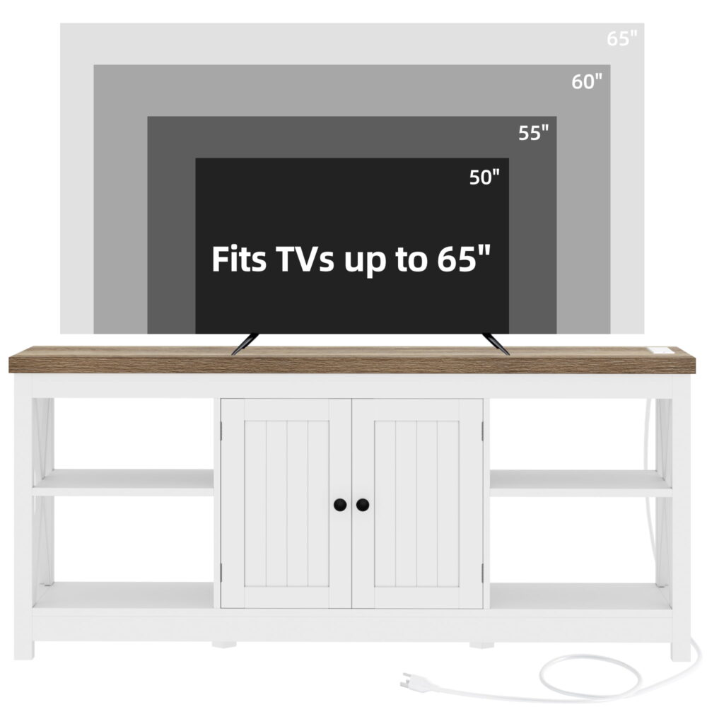 Dextrus White TV Stand up to 65 Inches w/Power Outlets, Farmhouse Entertainment Center Cabinet with Storage for Living Room - Image 5