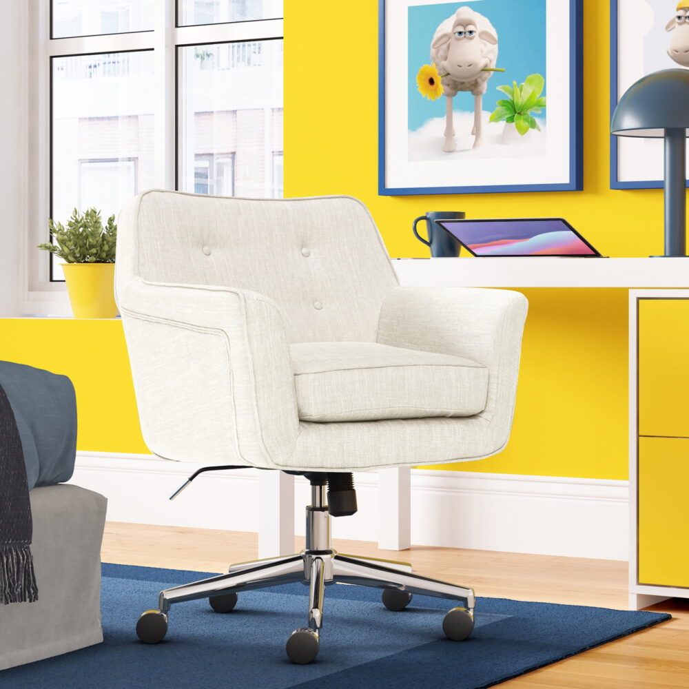 Serta Ashland Office Desk Chair, Button Tufted Mid-Back, Memory Foam Cushion, Chrome Swivel Base, Ivory - Image 3