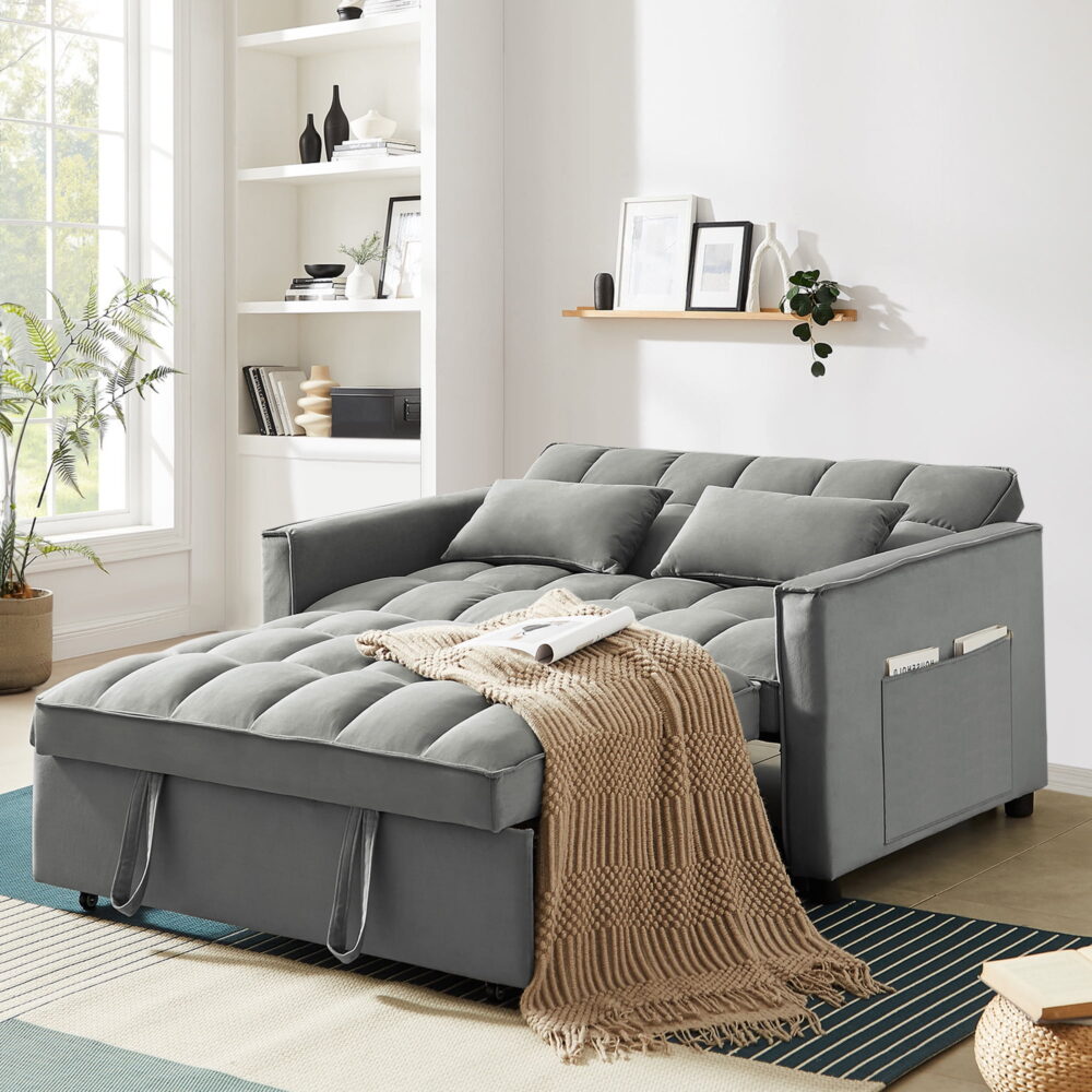 Dinosisco 4-in-1 Convertible Futon Sofa Bed, Pull Out Couch Beds Loveseat Sleeper, Gray Velvet - Image 2