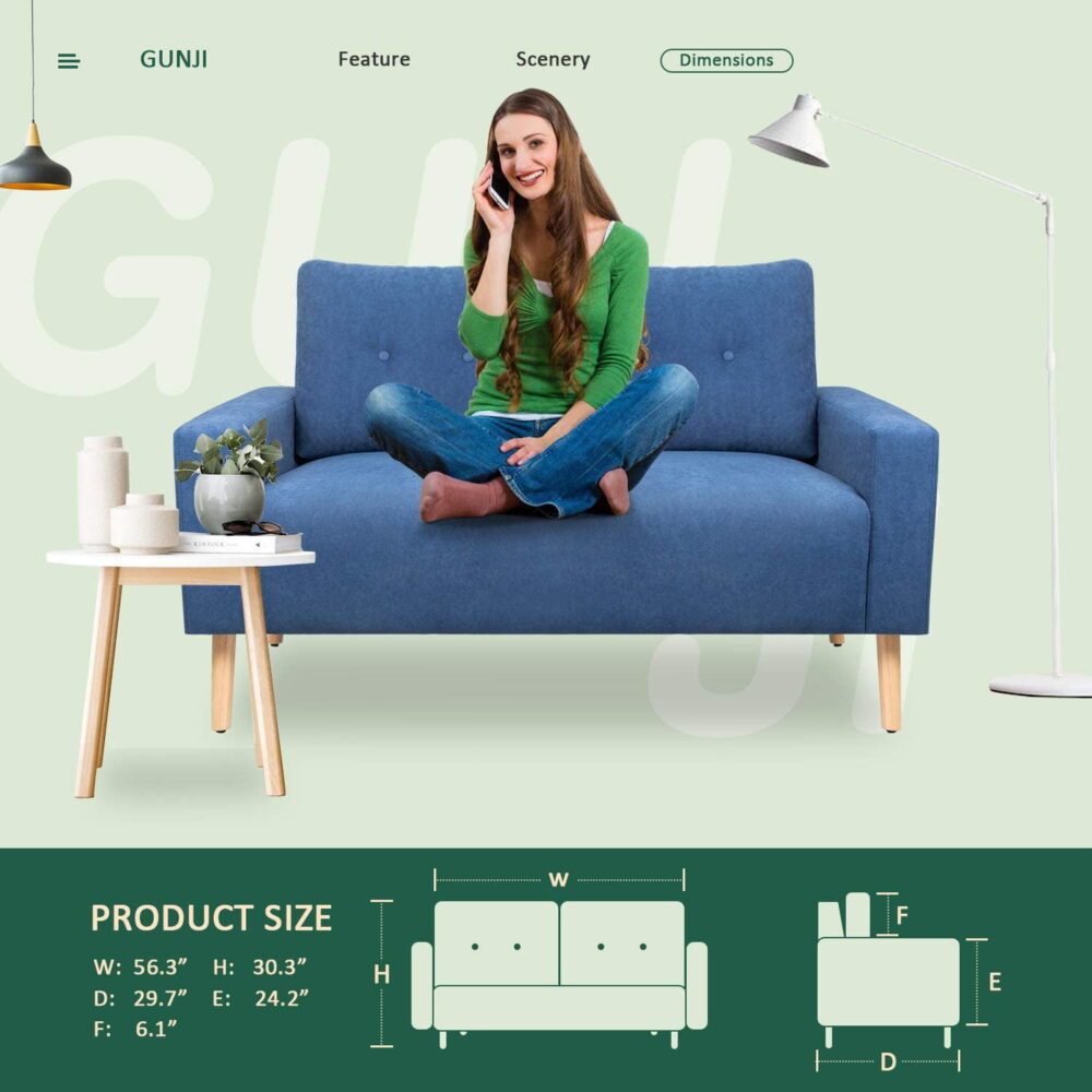 Vineego Small Modern Loveseat Couch Sofa, Fabric Upholstered 2-Seat Sofa, Love Seat Furniture,Blue - Image 7