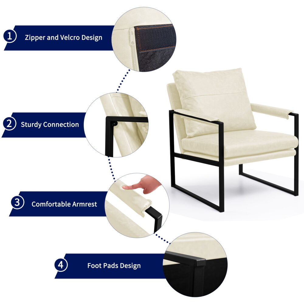 Subrtex Upholstered Modern Accent Chair with Metal Frame, Set of 2, Cream PU Leather - Image 5