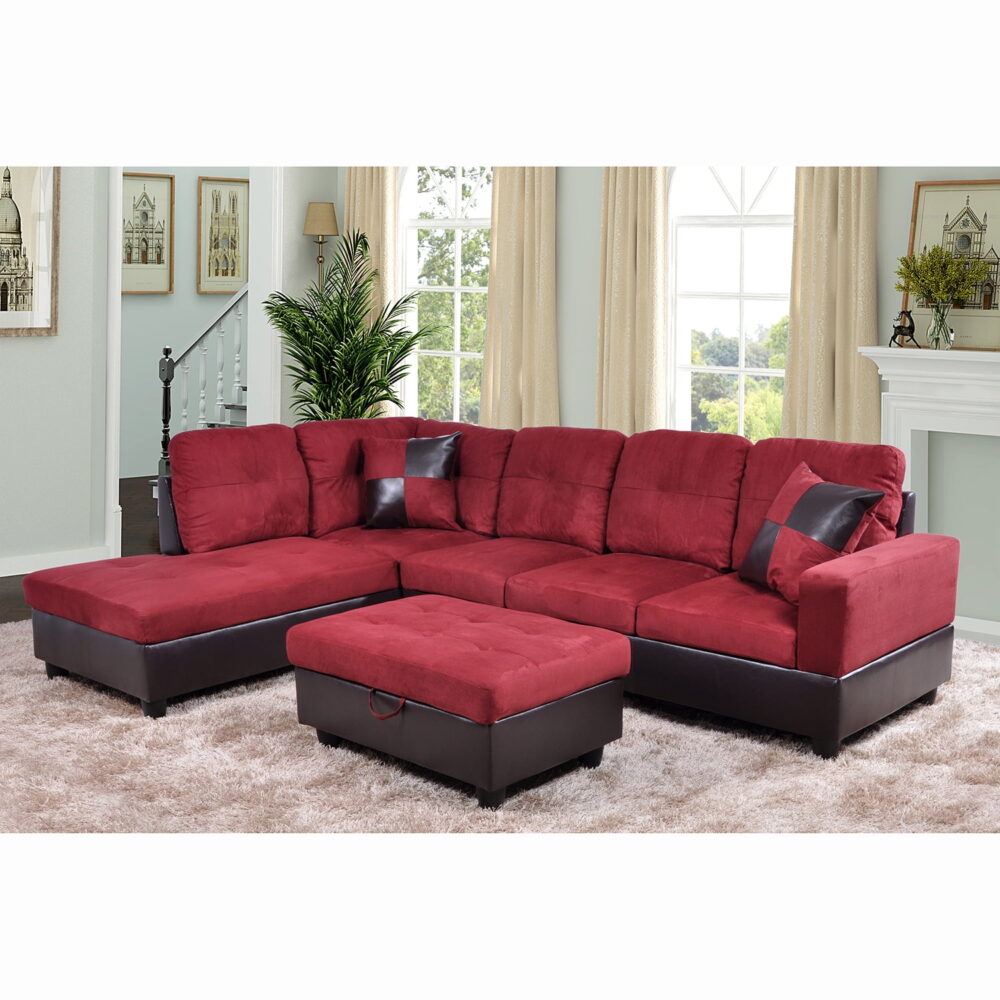Hommoo Flannel&PVC L Shaped Sectional Sofa, Sectional Couch Sofa, Modern Living Room Furniture Sets, Red(No Ottoman) - Image 2