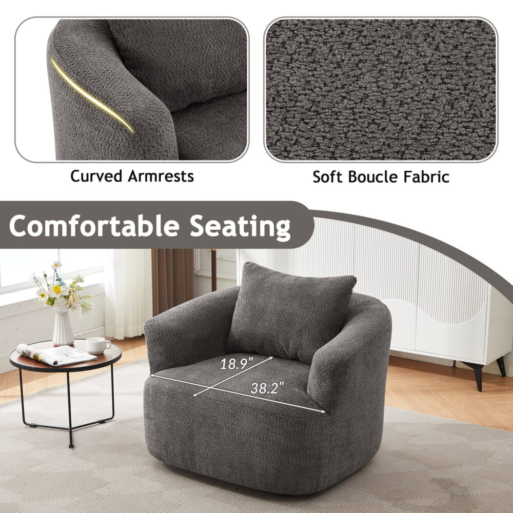 Euroco 360° Swivel Accent Chair with Ergonomic Armrests and Luxe Boucle Cushion - Image 5