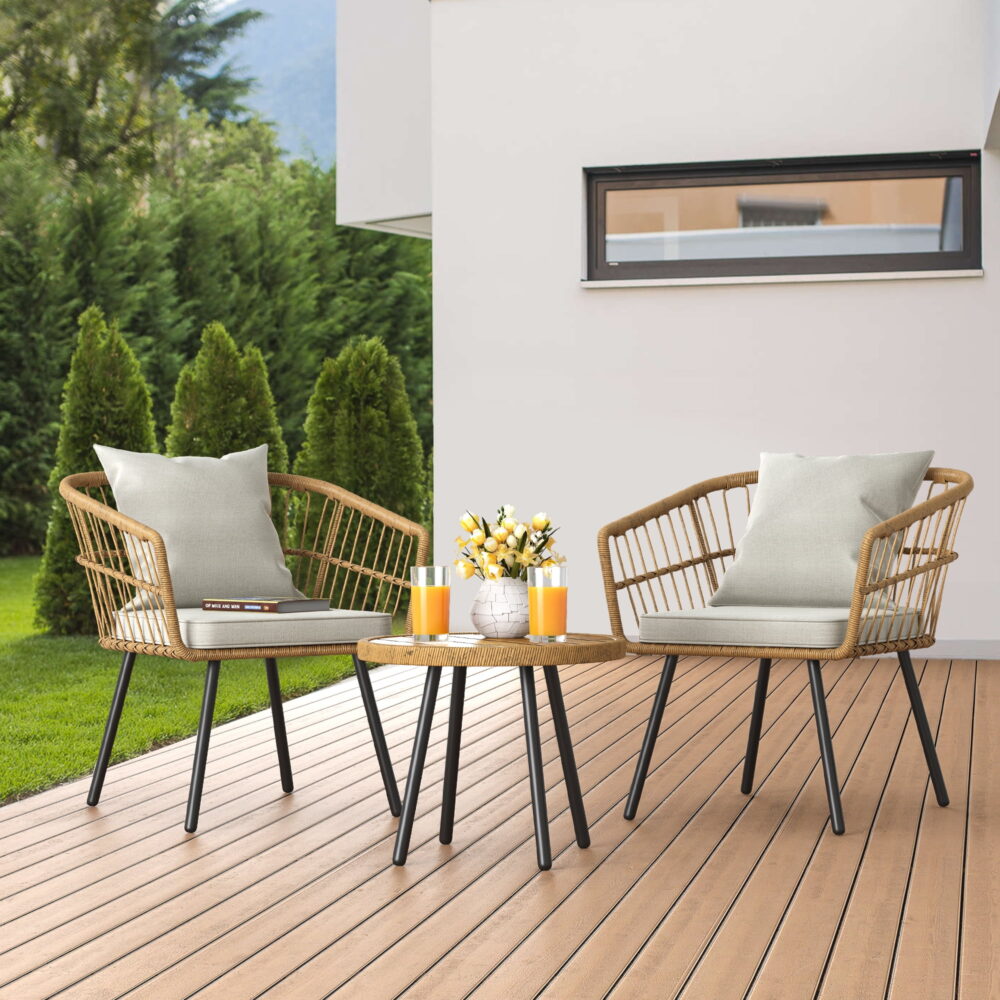 Dextrus 3 Piece Outdoor Wicker Furniture Patio Bistro Set, PE Rattan Wicker Chairs Set with Table and Cushions, Porch Balcony Furniture Set for Porch Backyard Pool, Beige - Image 2