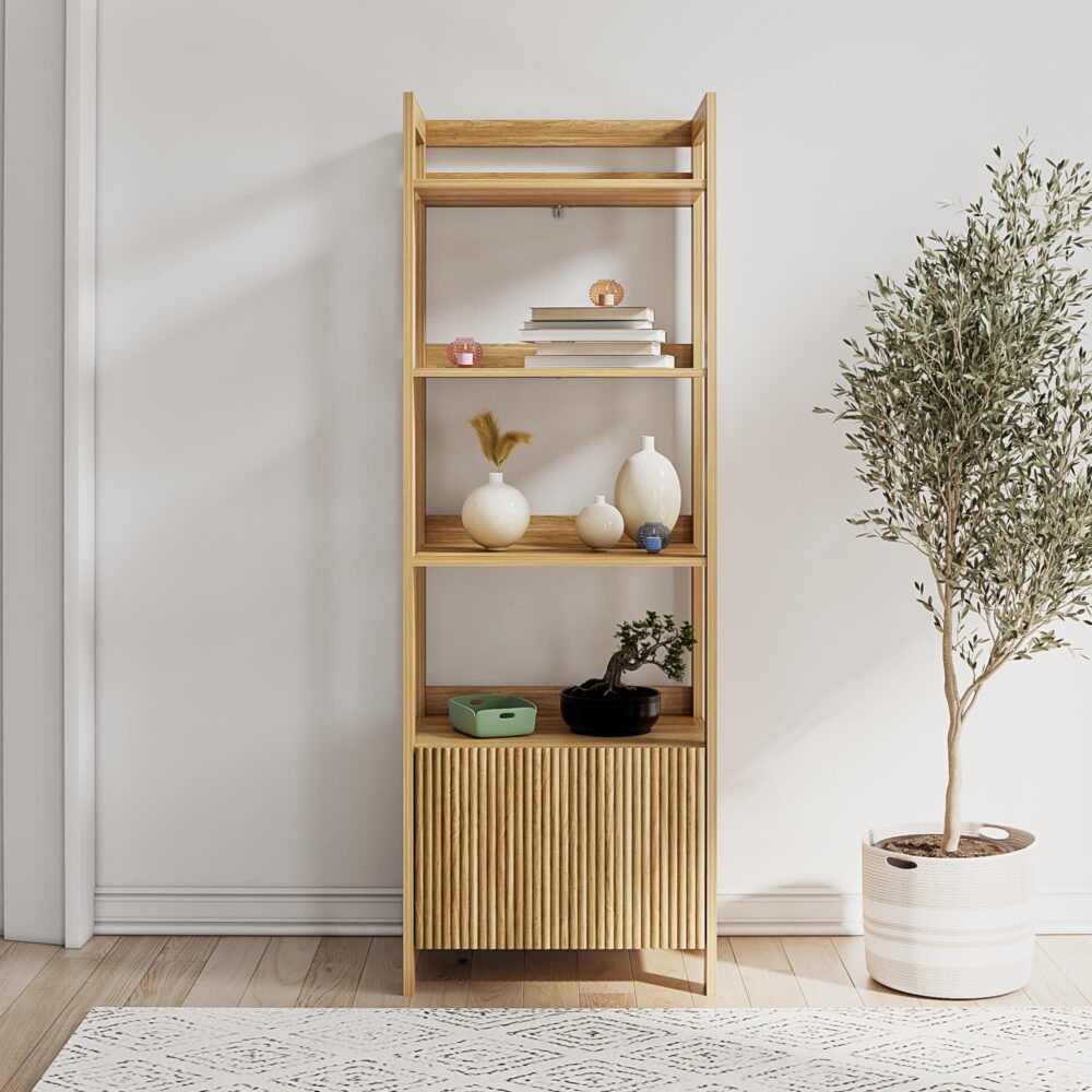 Mainstays 4-Shelf Reeded Bookcase with Drawer, Natural Teak - Image 3