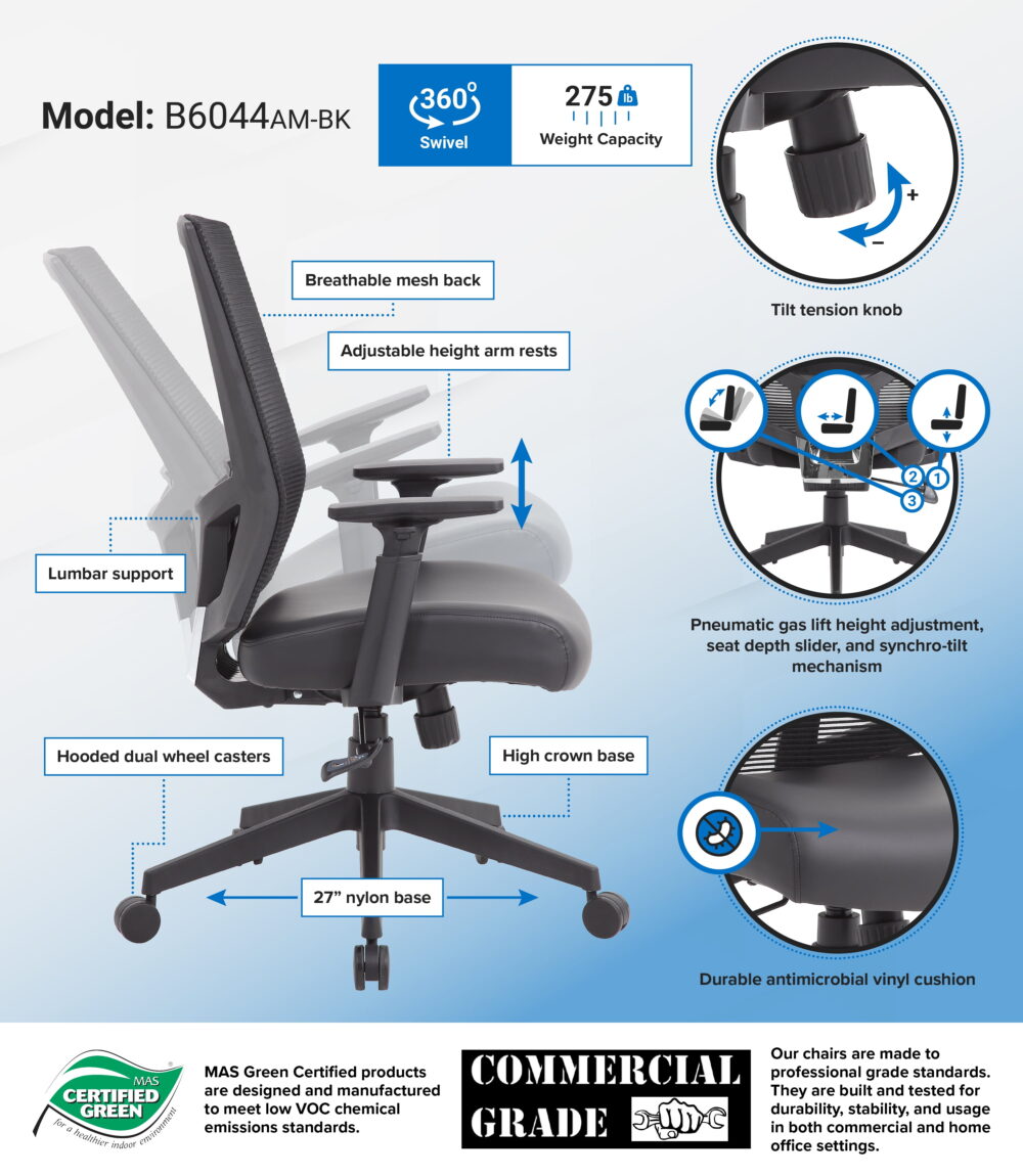 Boss Office Products Mesh Back Vinyl Task Chair with Synchro-Tilt, Black - Image 3