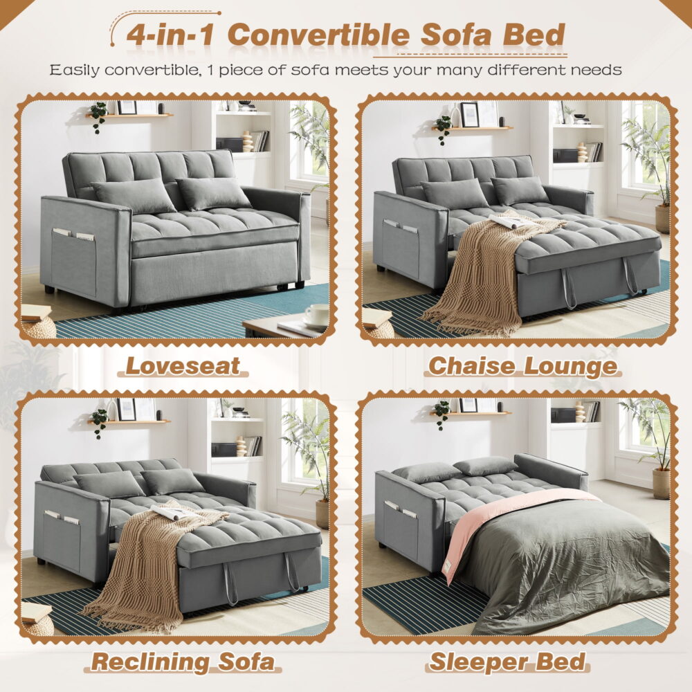 Dinosisco 4-in-1 Convertible Futon Sofa Bed, Pull Out Couch Beds Loveseat Sleeper, Gray Velvet - Image 5