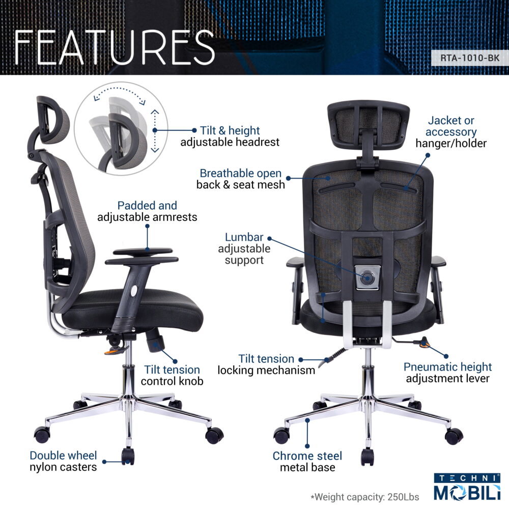 Techni Mobili High-Back Executive Fabric Mesh Office Chair with Arms in Black RTA-1010-BK - Image 3
