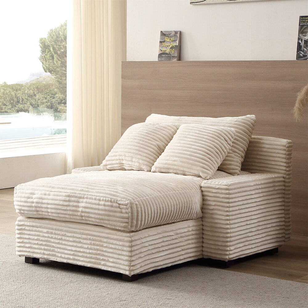 Aukfa 49" Chaise Lounge Oversized Corduroy Sofa Plush Chair Bed w/ 3 Pillows for Living Room, Beige - Image 6