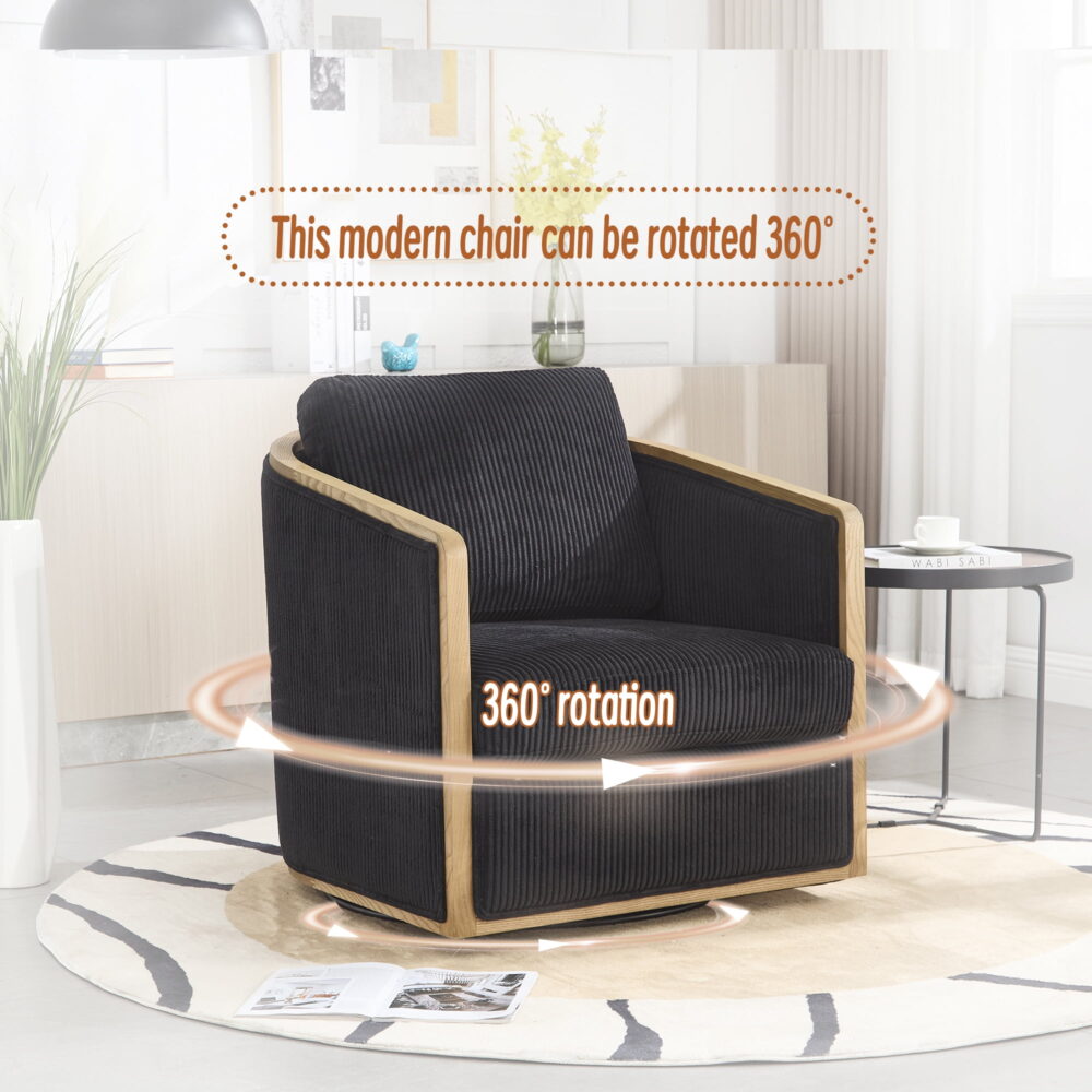 MOONMISS Corduroy Upholstered 360°Swivel Comfortable Round Barrel Chair for Living Room,Bedroom-Black - Image 4