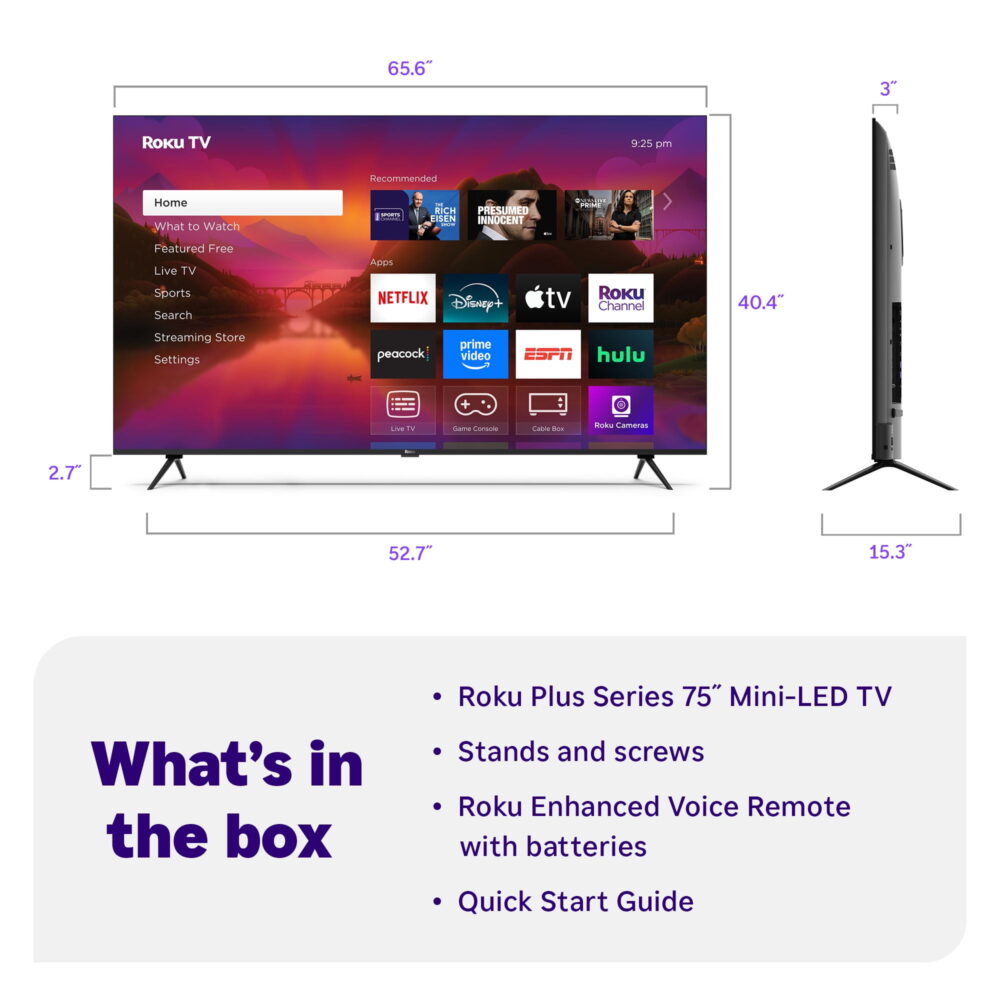 Roku Smart TV 2025 – 75-Inch Plus Series, 4K QLED Mini-LED TV – Roku TV with Enhanced Voice Remote - Image 3