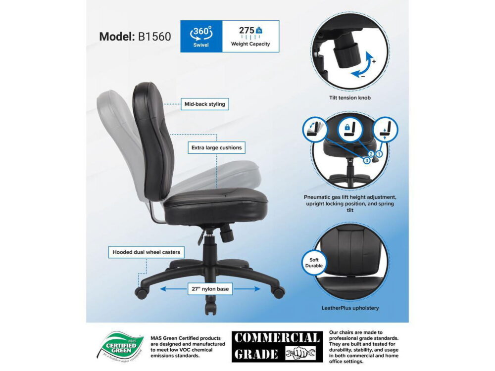 Boss Office Products LeatherPlus Task Chair with Casters, Black - Image 2