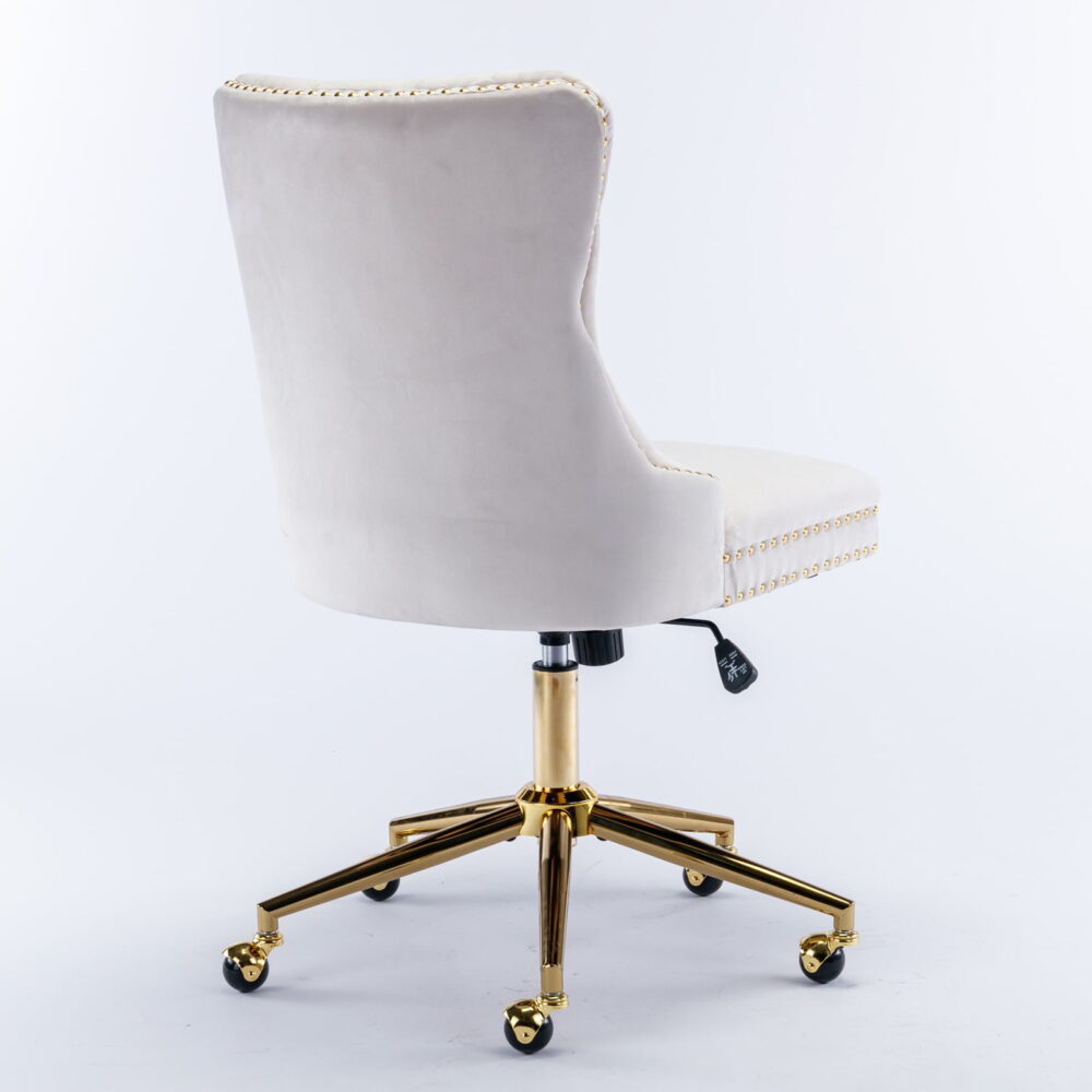 PORKISS Office Chair, Velvet Upholstered Home Office Chair with Gold Metal Base, Adjustable Swivel Desk Chair with Tufted Button, Beige - Image 5