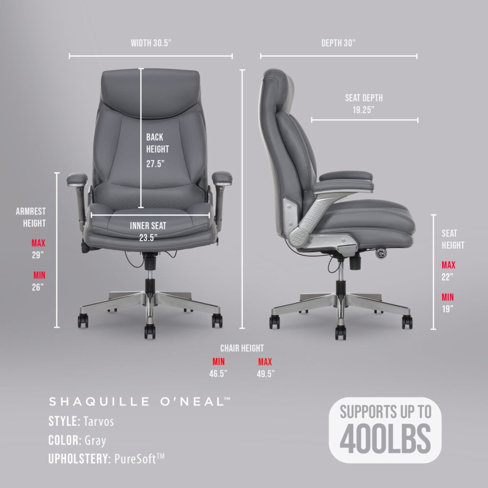 Shaq Tarvos Premium Ergonomic Big & Tall Office Chair, PureSoft Upholstery with Height Adjustable and Flip-Up Arms, Gray - Image 3
