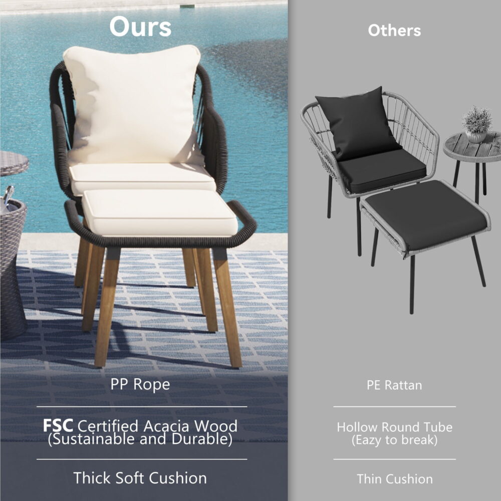 AENKYO 5-Piece Rope Patio Furniture Set with Wicker Pop-Up Cooler Table, Cushioned Chairs & Ottomans, Black - Image 7