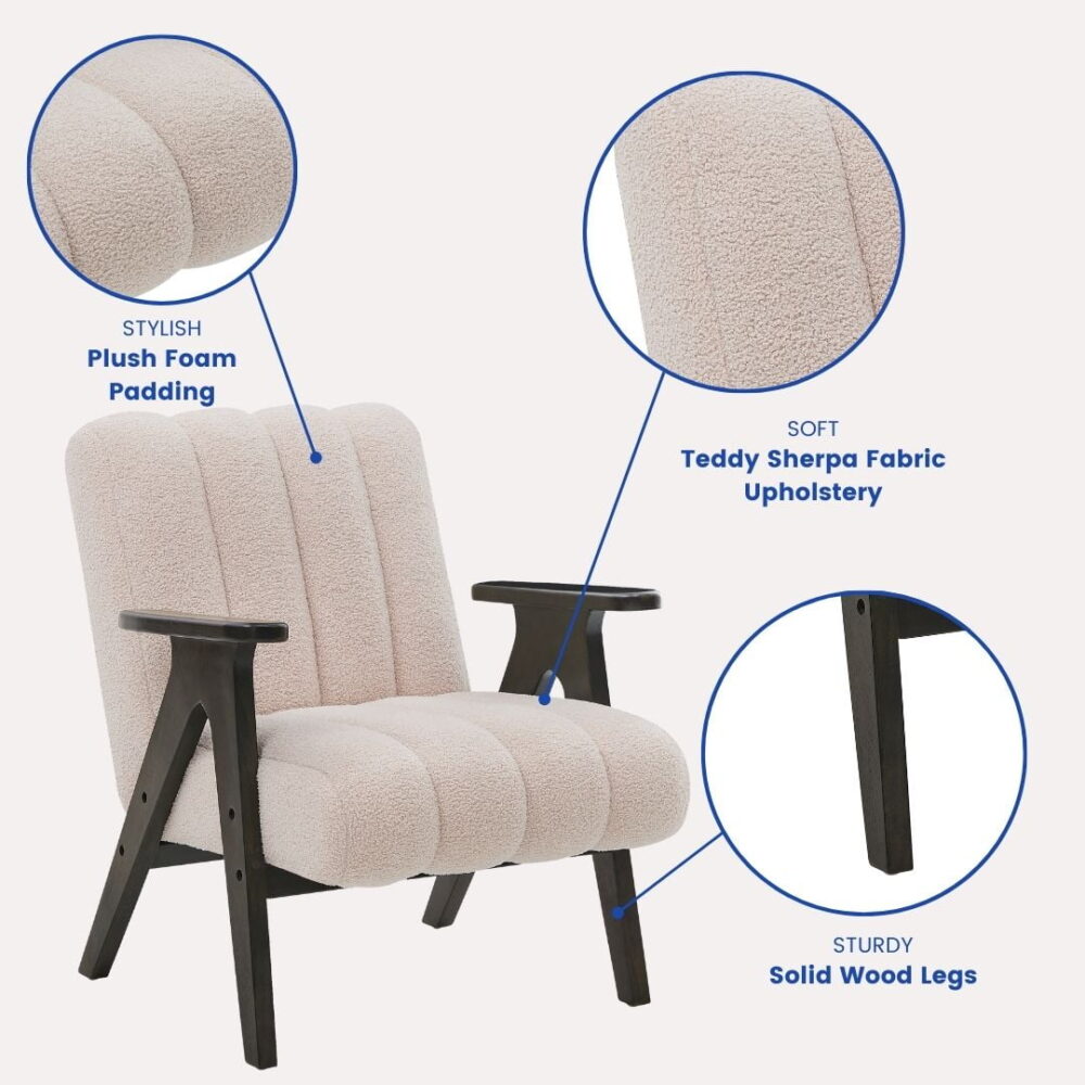 Roundhill Furniture Rella Modern Teddy Sherpa Accent Chair with Espresso Wood Frame, Beige - Image 7