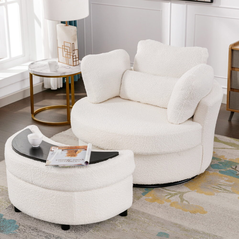 Dinosisco Oversized Swivel Accent Barrel Chair with Storage Ottoman, White Teddy - Image 2