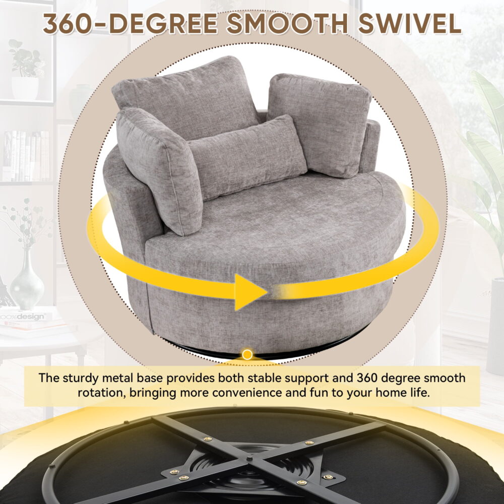 Dinosisco Oversized Swivel Barrel Accent Chair, Chenille Adult Comfy Reading Armchair, Gray - Image 3
