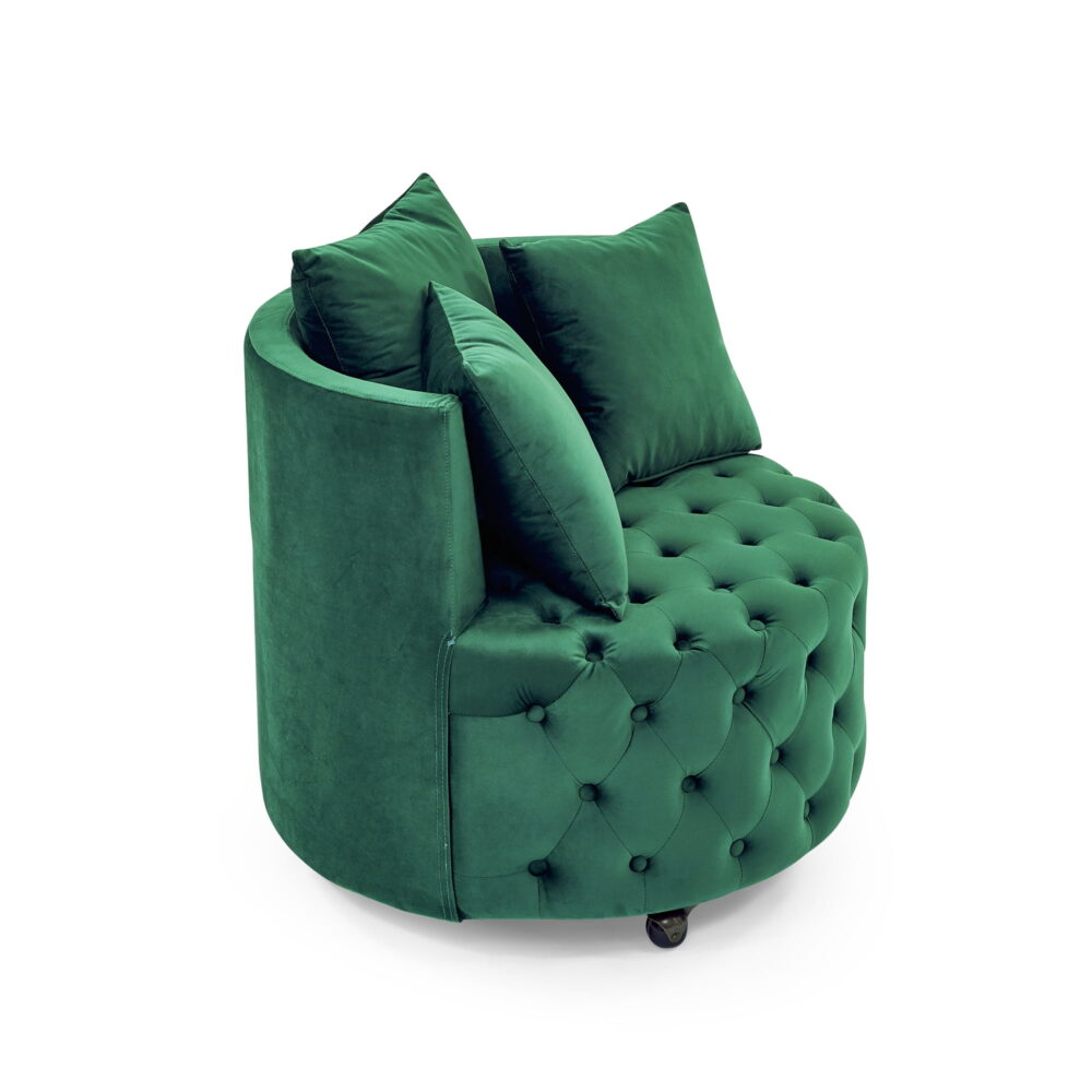 DEALTOPS Velvet Upholstered Swivel Chair for Living Room, with Button Tufted Design and Movable Wheels, Including 3 Pillows-Green - Image 6