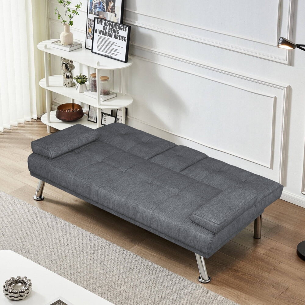 Folding Sofa Bed with Cup Holder Convertible Futon Couches Adjustable Backrest Modern Linen Furniture Upholstery for Living Room - Image 6