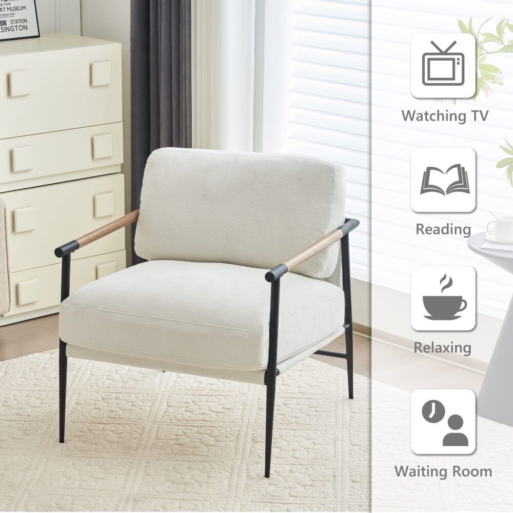 Othniel White Accent Chair Armchair Chenille Mid Century Modern Accent Chair Metal Leg Comfy Cushion - Image 6
