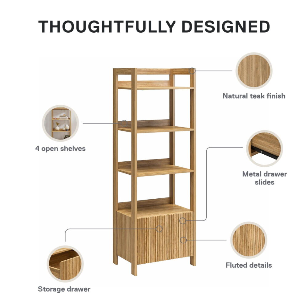 Mainstays 4-Shelf Reeded Bookcase with Drawer, Natural Teak - Image 4