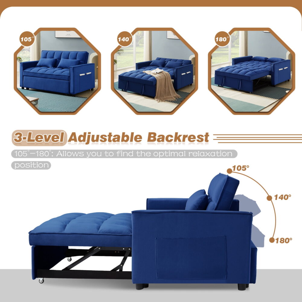 Dinosisco 3 in 1 Convertible Pull Out Sofa Bed, 55" Velvet Sleeper Loveseat, Cobalt Blue - Image 2