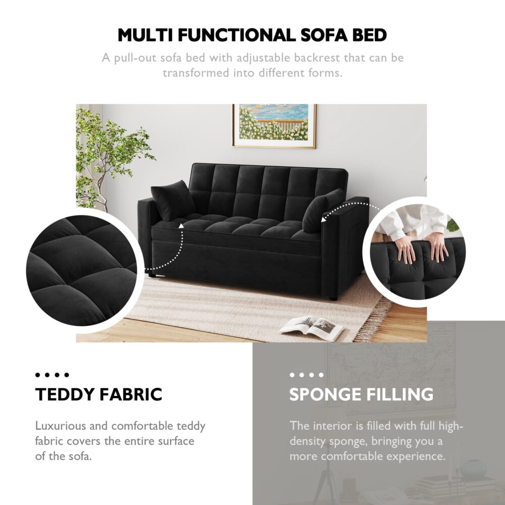 AENKYO Convertible Pull-Out Loveseat Sleeper Sofa Bed for Living Room, Modern Upholstered Futon in Black - Image 6
