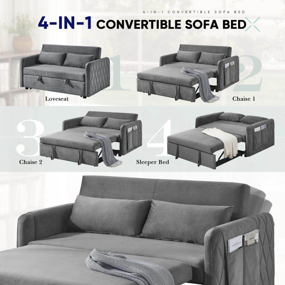 Lunale Convertible Futon Sofa Bed for Living Room, Modern Upholstered Loveseat Sleeper in Gray - Image 3